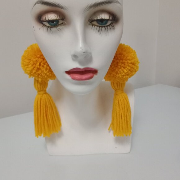 Boho Chic Yellow Pom Pom Tassel Earrings Handmade Statement Jewelry - Picture 3 of 7